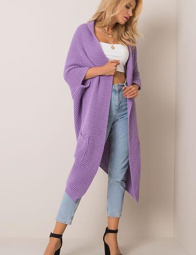 Liliowy długi sweter damski z kieszeniami