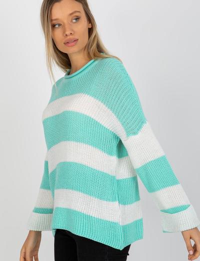 Miętowo-ecru damski sweter oversize w paski