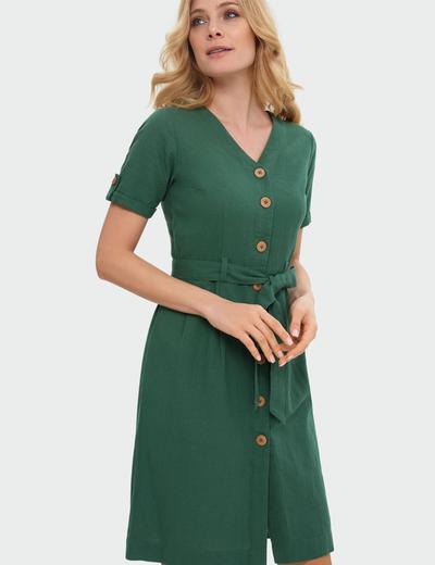 Lniana zielona sukienka typu szmizjerka podkreślona talia