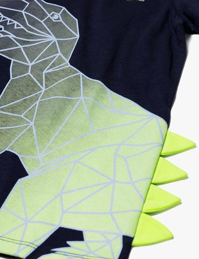 Granatowy t-shirt bawełniany dla chłopca z dinozaurem i detalem 3D