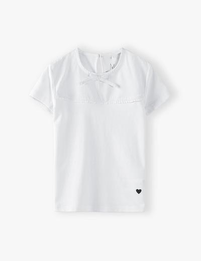 Biały t -shirt dziewczęcy z ozdobną kokardką