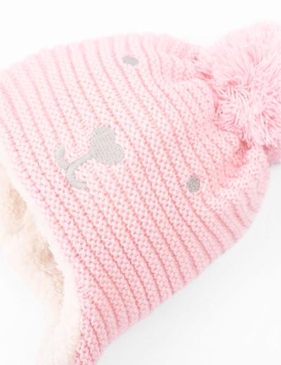 Czapka zimowa dla niemowlaka- różowa wiązana pod szyją