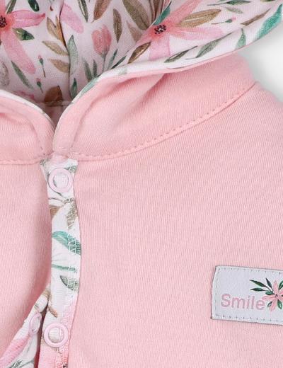 Dwustronna kurtka niemowlęca PINK FLOWERS z bawełny organicznej z kapturem