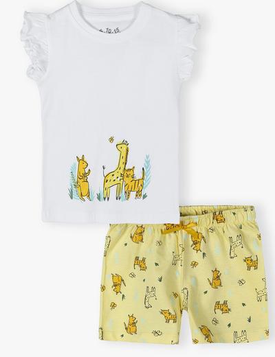 Dwuczęściowa piżama dziewczęca - T-shirt z nadrukiem i krótkie spodnie we wzorki
