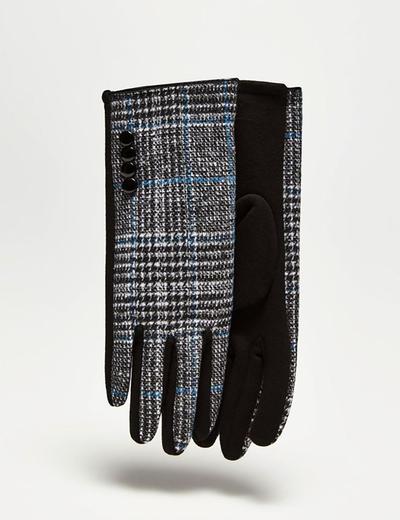 Długie stylowe rękawiczki damskie  w pepitkę - czarne