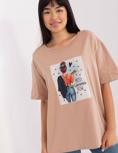 Beżowy t-shirt z nadrukiem i okrągłym dekoltem