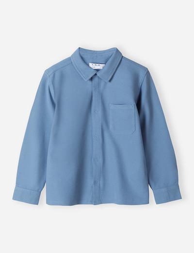 Bawełniana koszula chłopięca pique z długim rękawem i kieszonką- niebieska