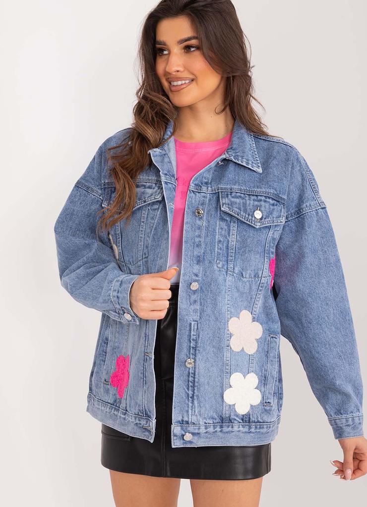 Damska kurtka jasnoniebieska jeansowa w kwiaty