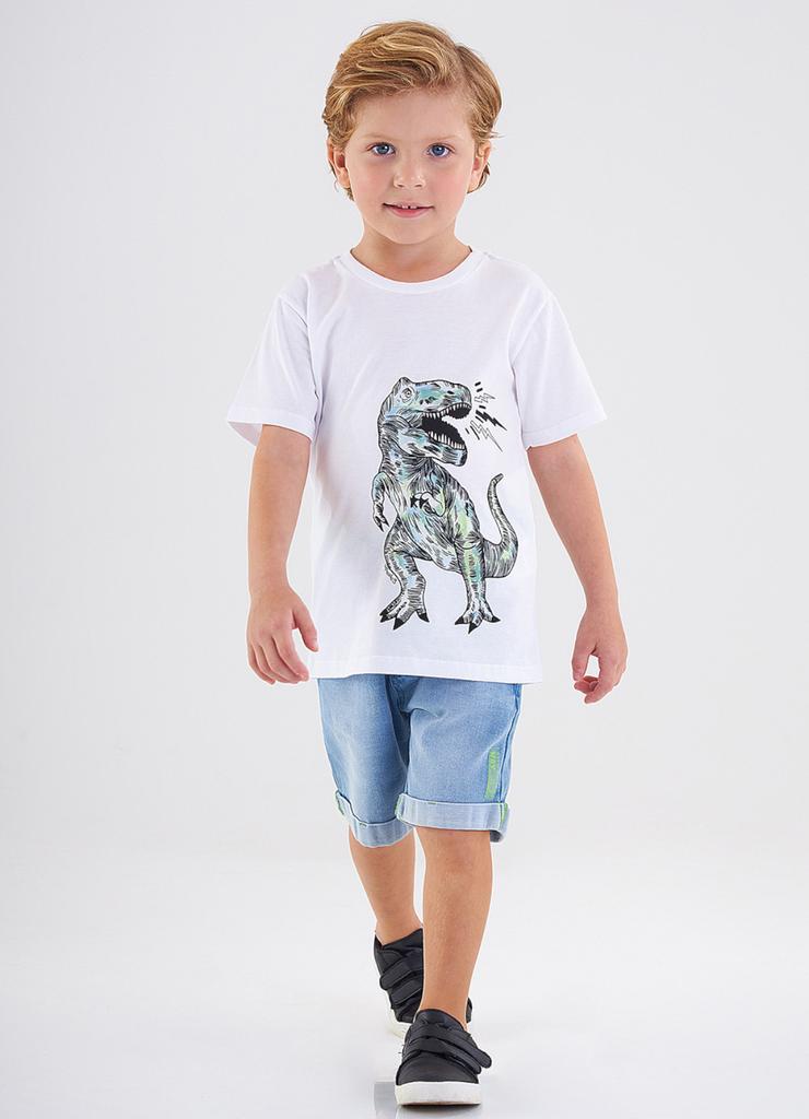 Biały bawełniany t-shirt chłopięcy z dinozaurem