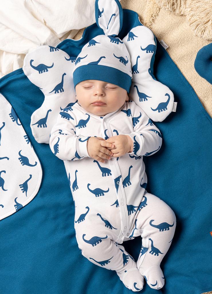 Pajac biały niemowlęcy z miękkiej bawełny - niebieskie dinozaury
