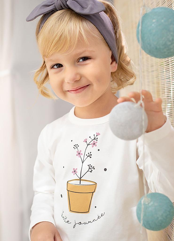 Bawełniana bluzka dziewczęca z nadrukiem kwiatka - ecru