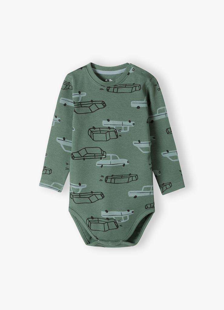 Zielone bawełniane body niemowlęce w samochody