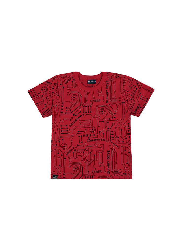 Czerwony bawełniany t-shirt chłopięcy we wzory