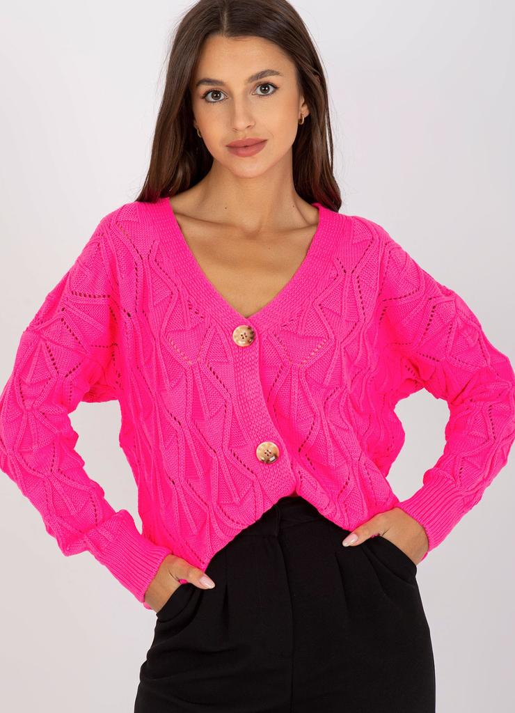 Fluo różowy ażurowy sweter rozpinany z guzikami RUE PARIS