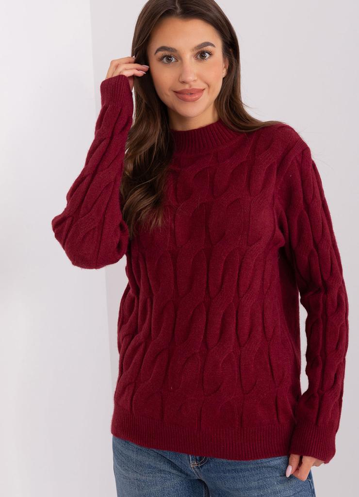 Sweter z warkoczami i półgolfem bordowy