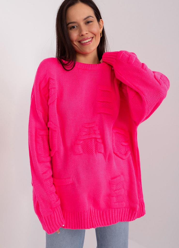 Fluo różowy sweter oversize z okrągłym dekoltem