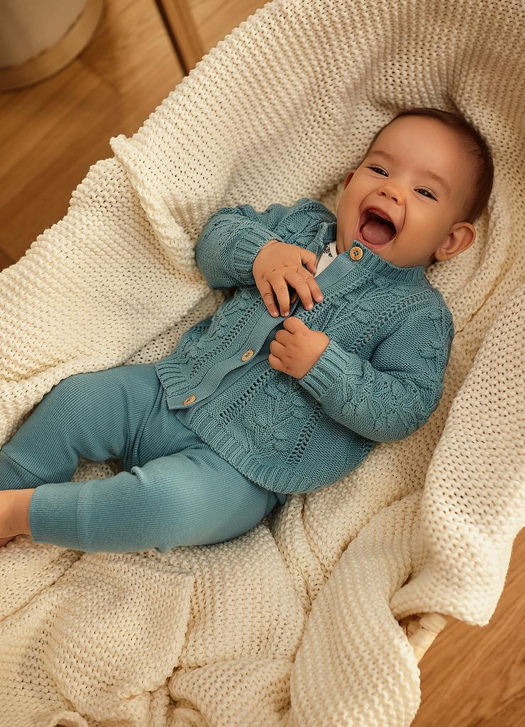 Niebieskie legginsy niemowlęce z falbankami na nogawkach