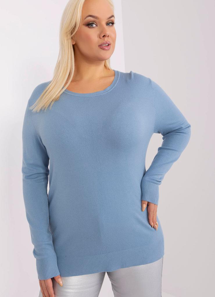 Gładki sweter plus size z długim rękawem niebieski