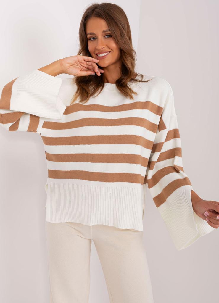 Ecru-camelowy damski sweter oversize w paski
