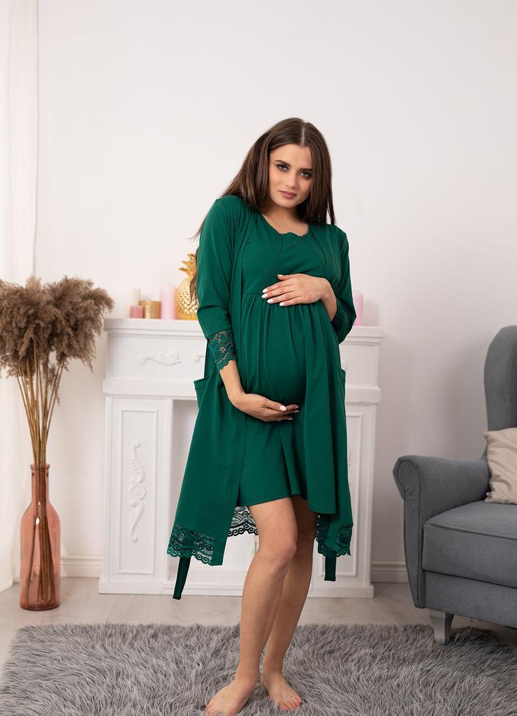 Bawełniany szlafrok z koronką dla kobiet w ciąży - zielony