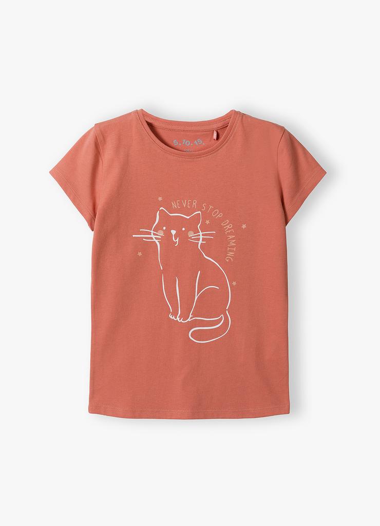 T-shirt bawełniany dla dziewczynki z nadrukiem kota