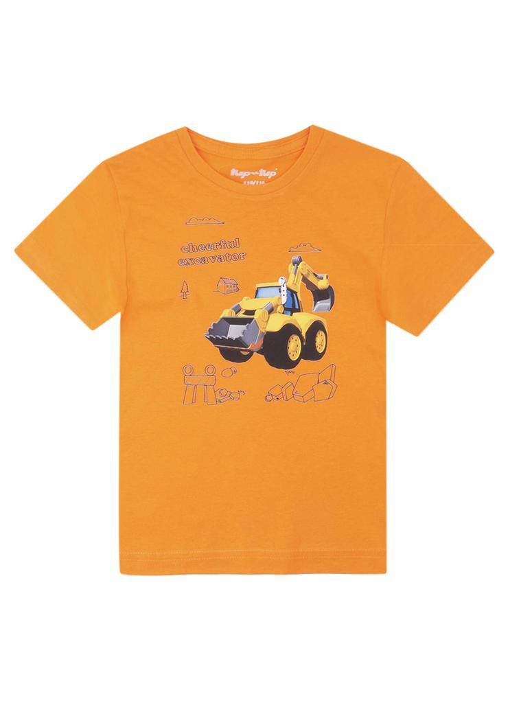 Koszulka chłopięca z krótkim rękawem pomarańczowa z koparką