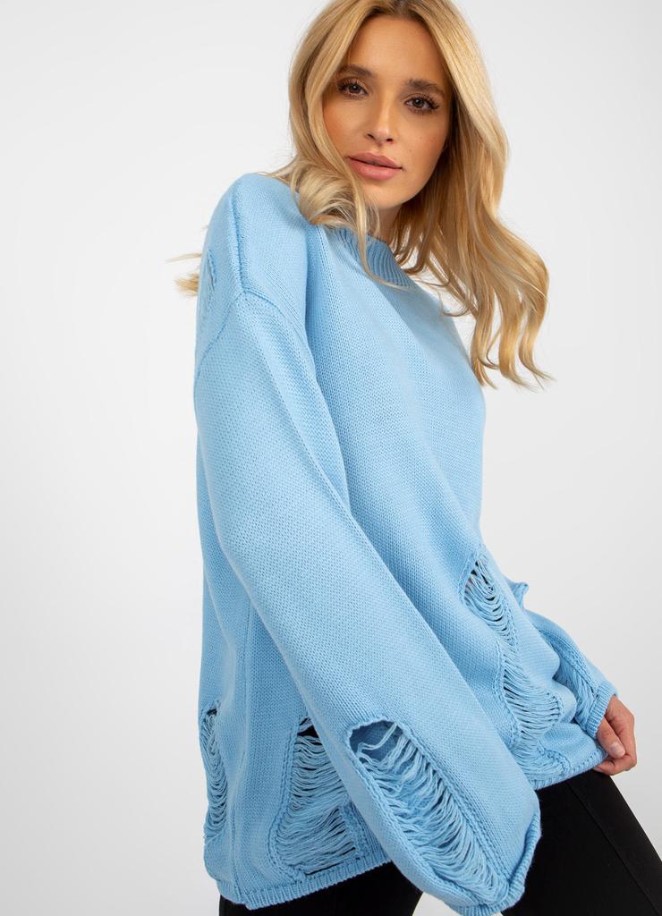 Damski sweter oversize z dziurami - niebieski