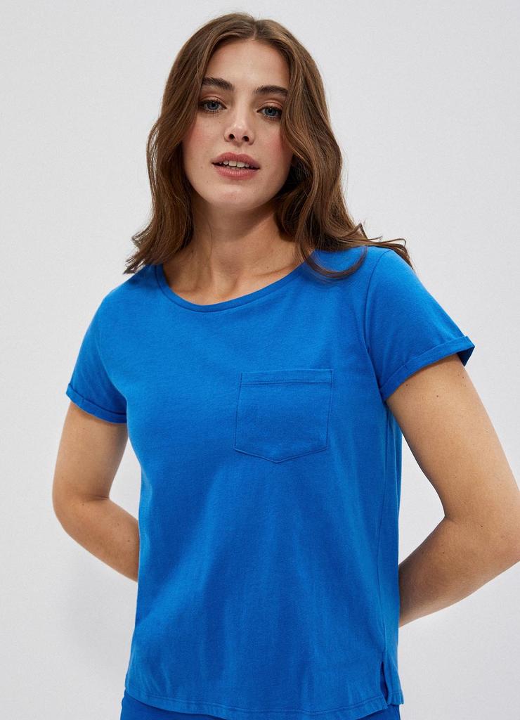 Bawełniany niebieski t-shirt damski z kieszonką