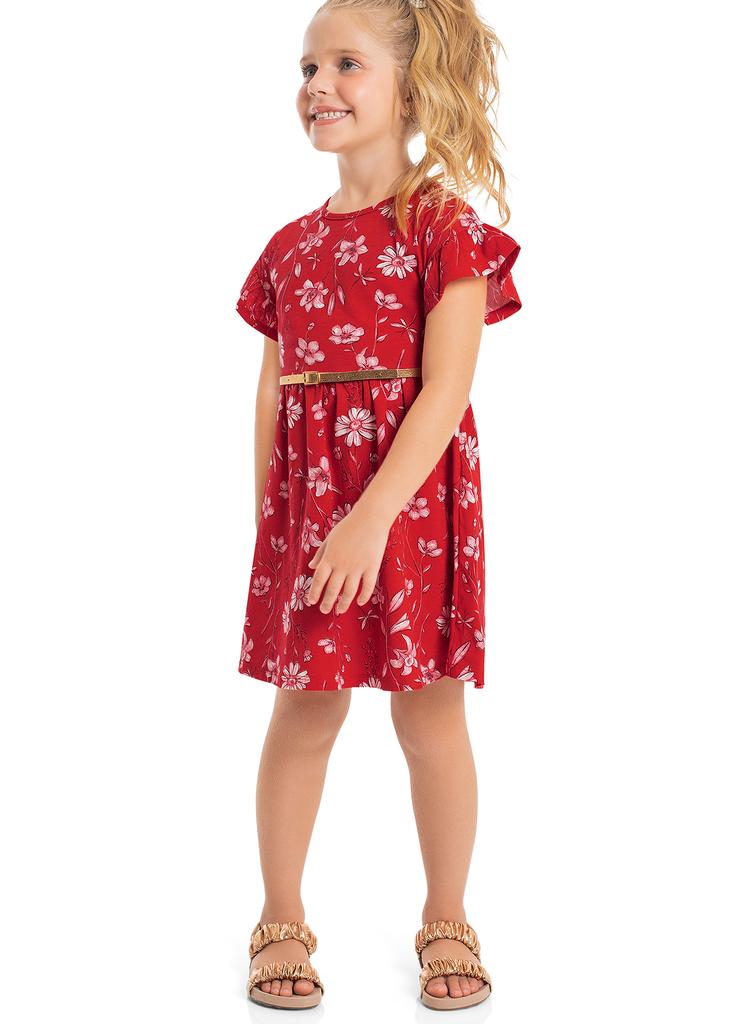 Czerwona bawełniana sukienka dziewczęca z ozdobnymi rękawkami