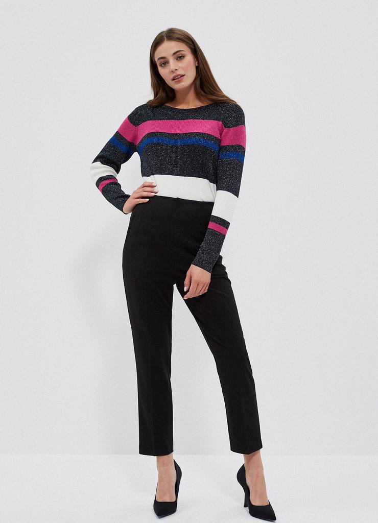 Czarny sweter damski w kolorowe paski z metaliczną nitką