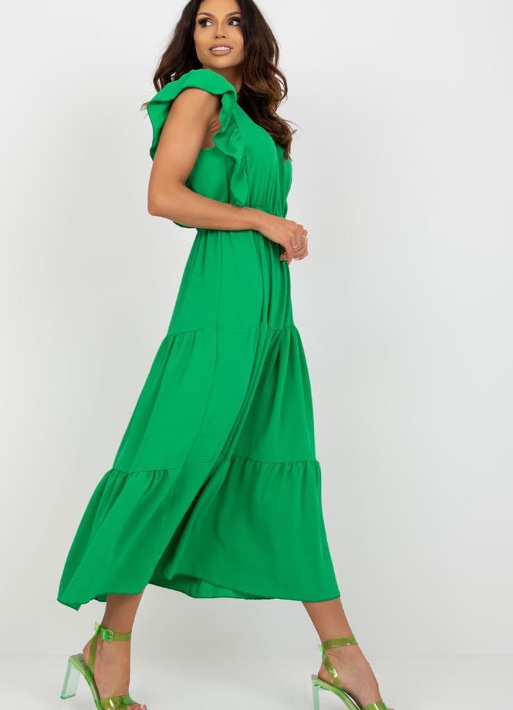Zielona midi sukienka z falbankami przy rękawach