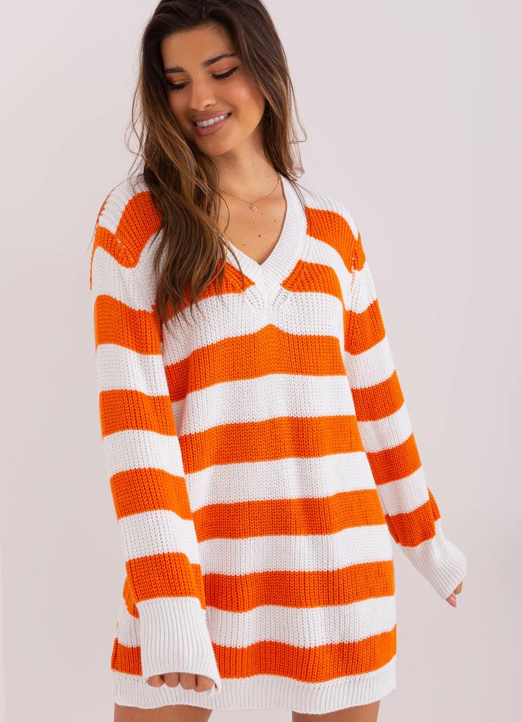 Pomarańczowo-ecru długi sweter damski oversize z wełnaą