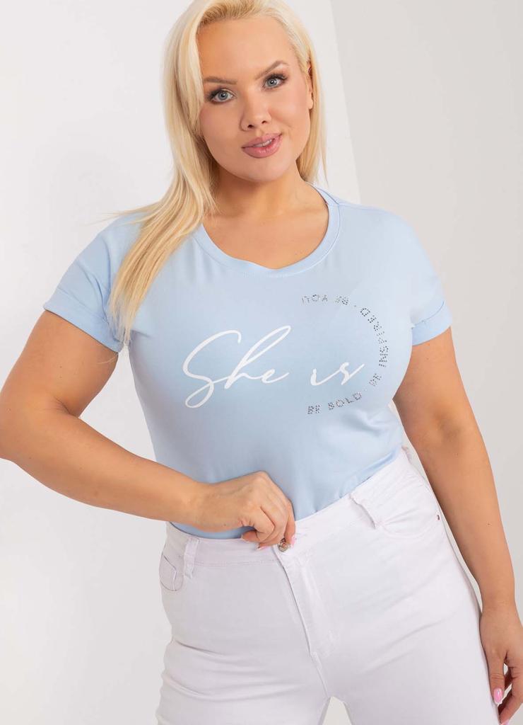 Damski T-Shirt plus size z nadrukiem jasny niebieski