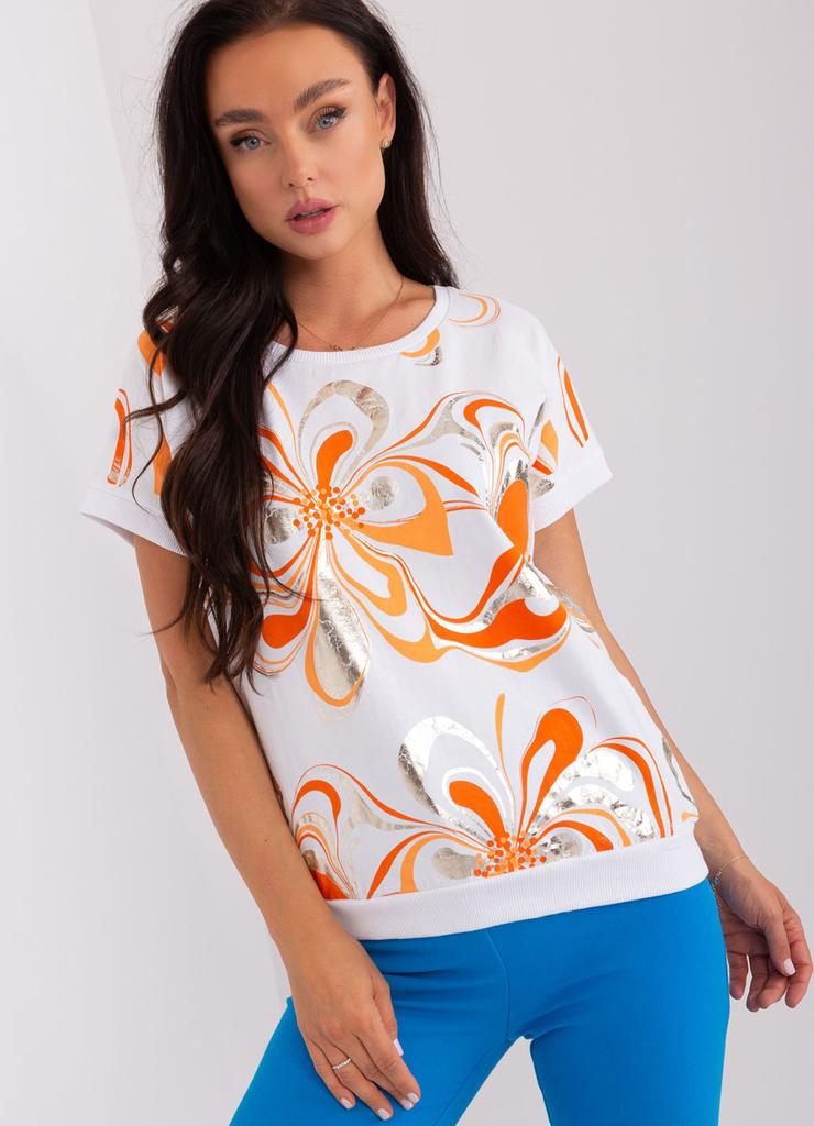 Biało-pomarańczowa damska bluzka z nadrukiem