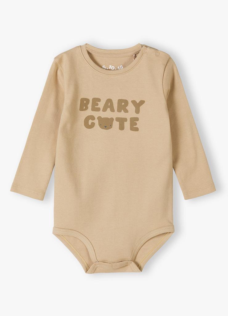 Beżowe bawełniane body niemowlęce - długi rękaw - Beary Cute