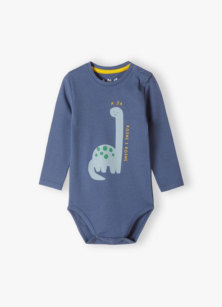 Niebieskie bawełniane body niemowlęce z długim rękawem - Dino