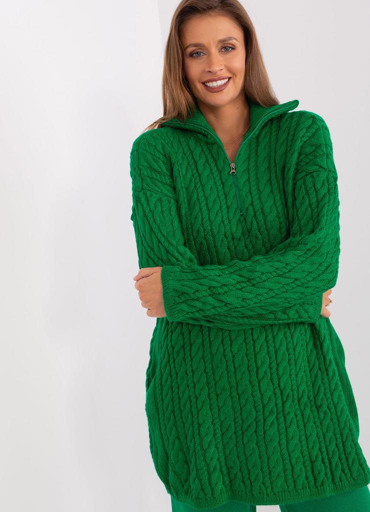 Długi sweter z warkoczami i suwakiem zielony
