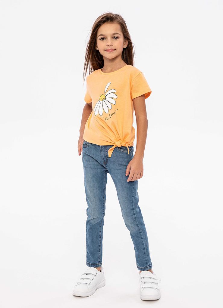 Pomarańczowa koszulka bawełniana dziewczęca z wiązaniem
