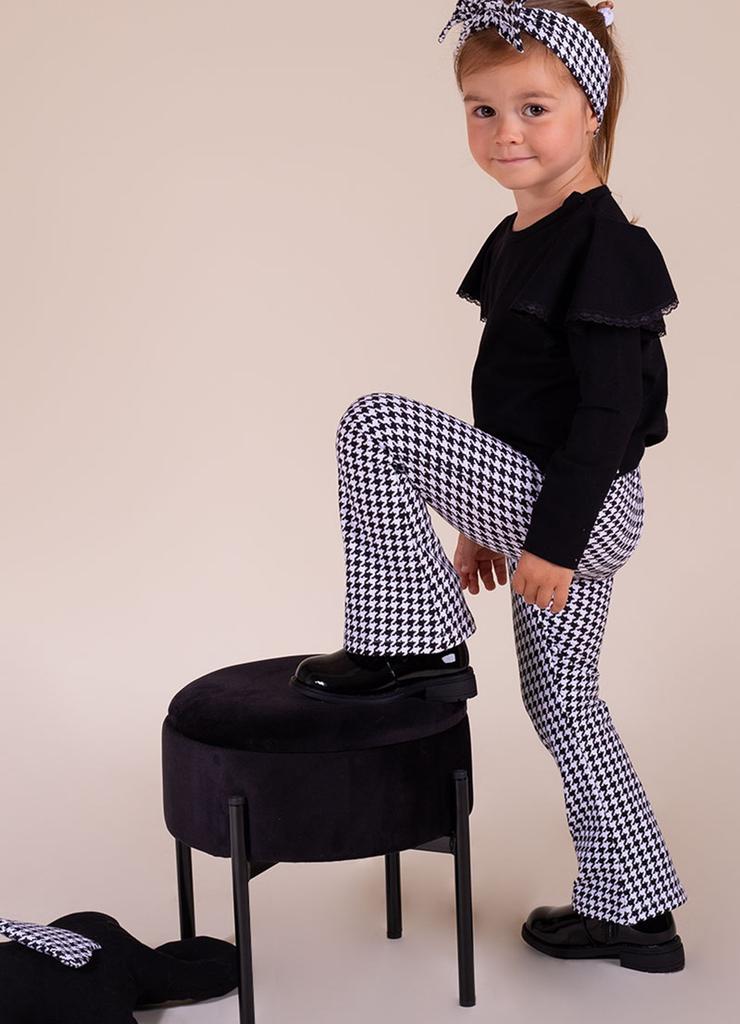 Bawełniane spodnie dresowe dzwony biało-czarne w pepitkę dla dziewczynki