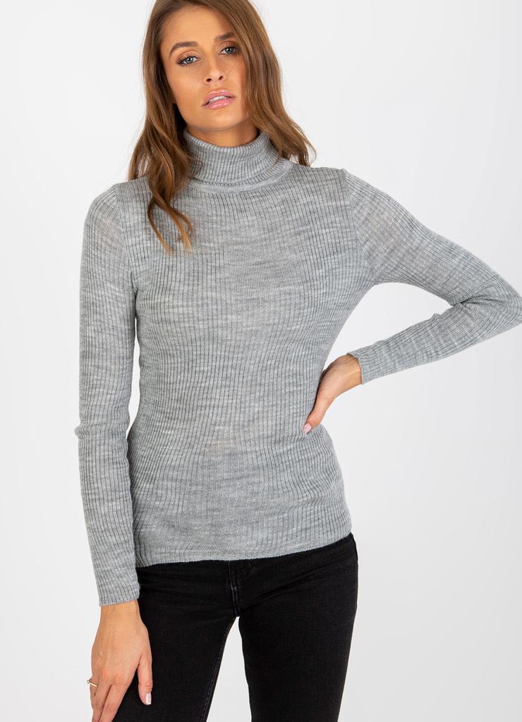 Szary melanżowy damski sweter z golfem w prążek