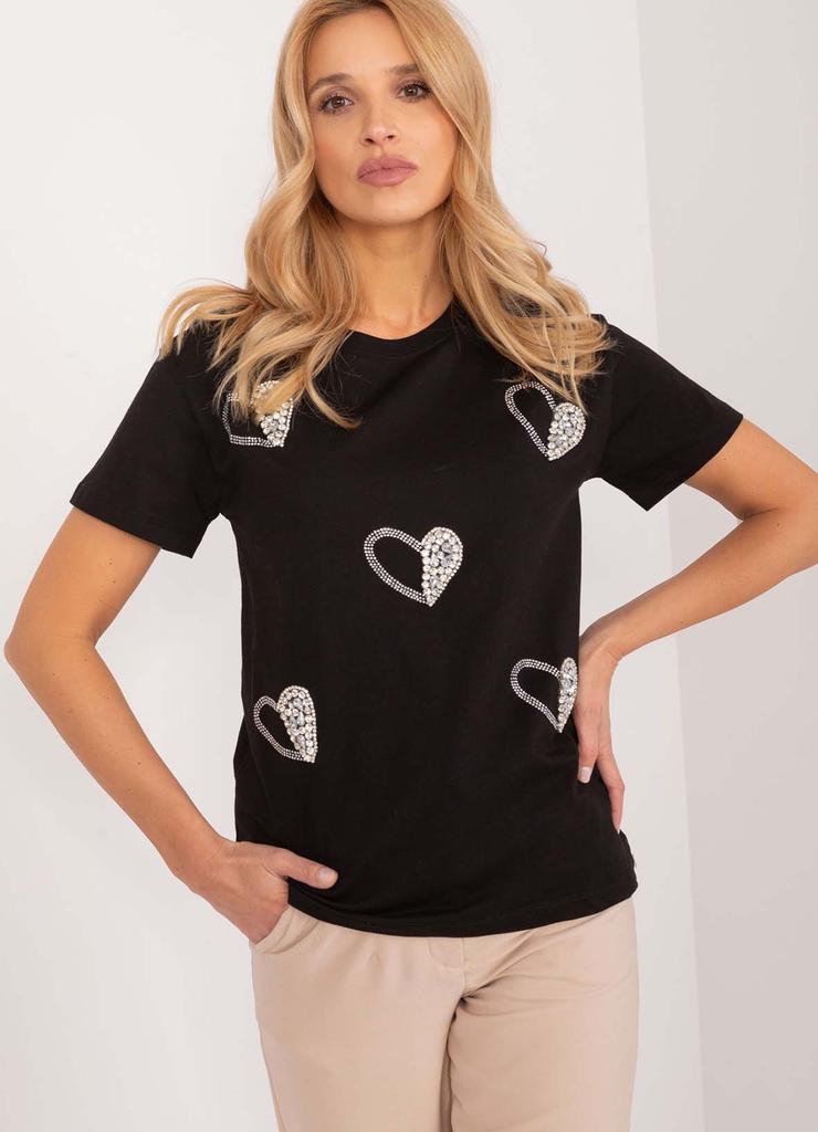 T-shirt damski z aplikacjami w kształcie serca- czarny
