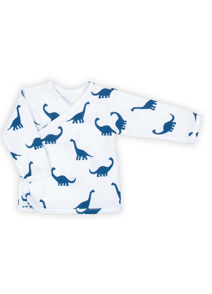 Biała bluzka kopertowa niemowlęca- niebieskie dinozaury