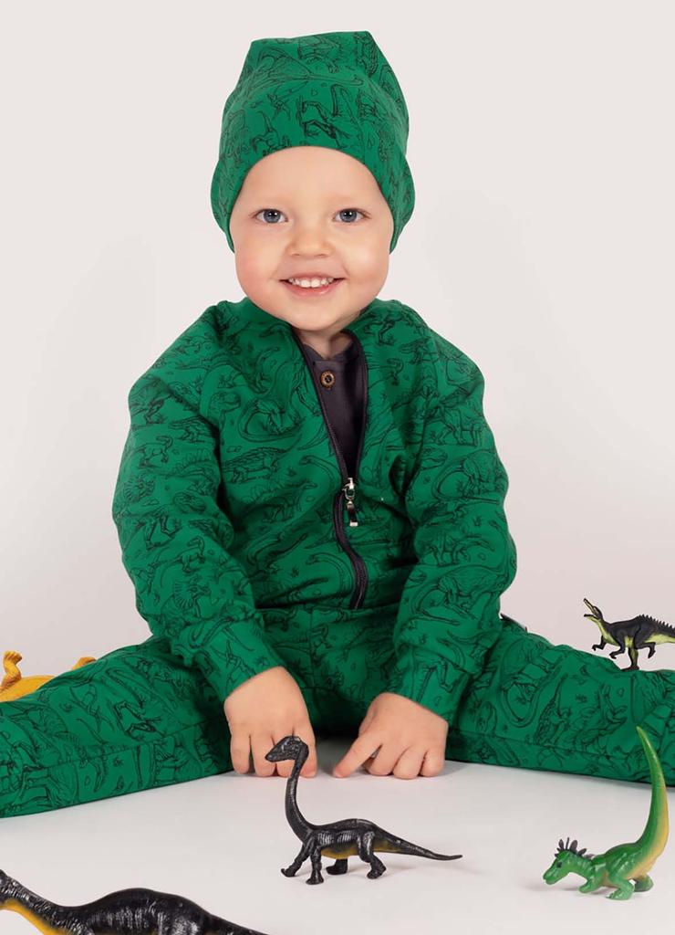 Zielona czapka chłopięca dzianinowa w dinozaury