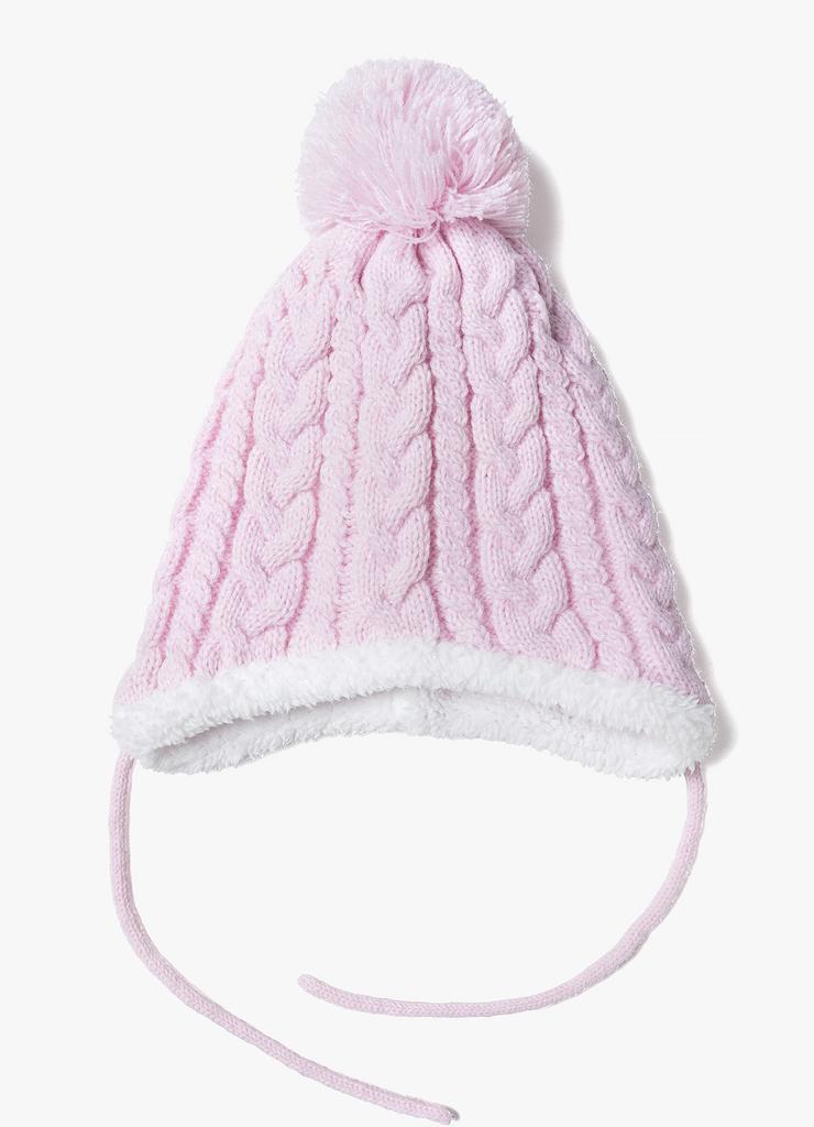 Ciepła zimowa czapka dla niemowlaka wiązana pod szyją - różowa