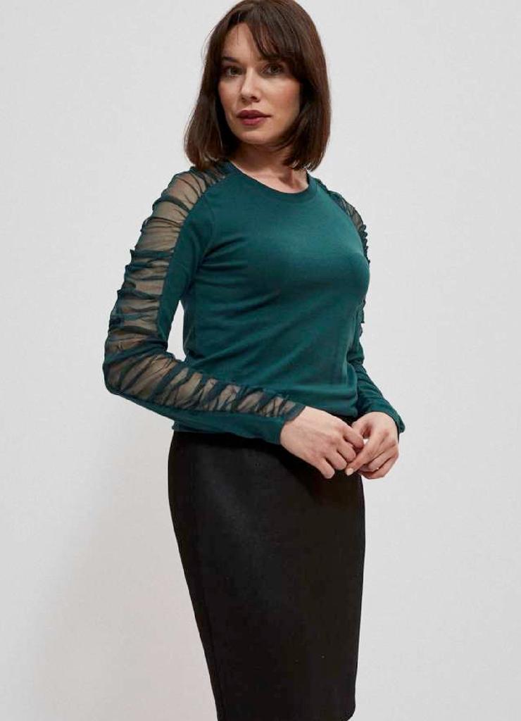 Zielona elegancka bluzka damska z transparentnymi rękawami
