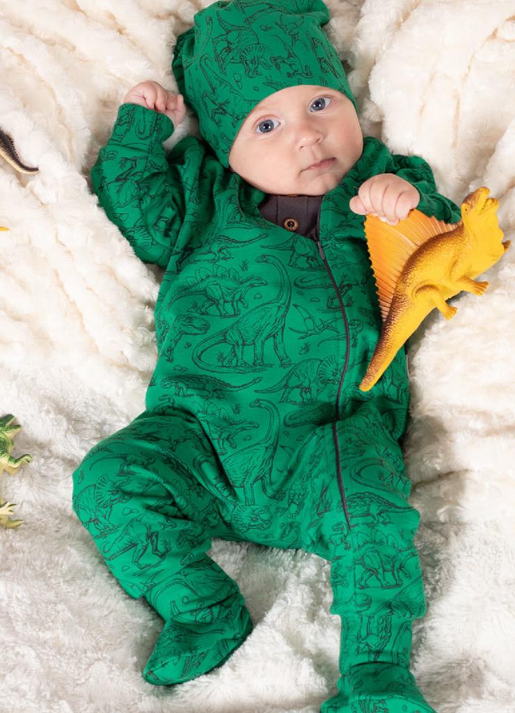 Dzianinowy pajac niemowlęcy dresowy zielony w dinozaury