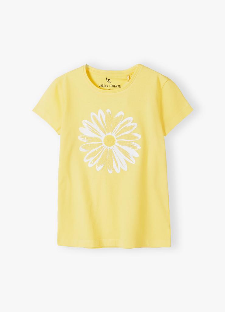 T-shirt bawełniany dla dziewczynki żółty z kwiatkiem