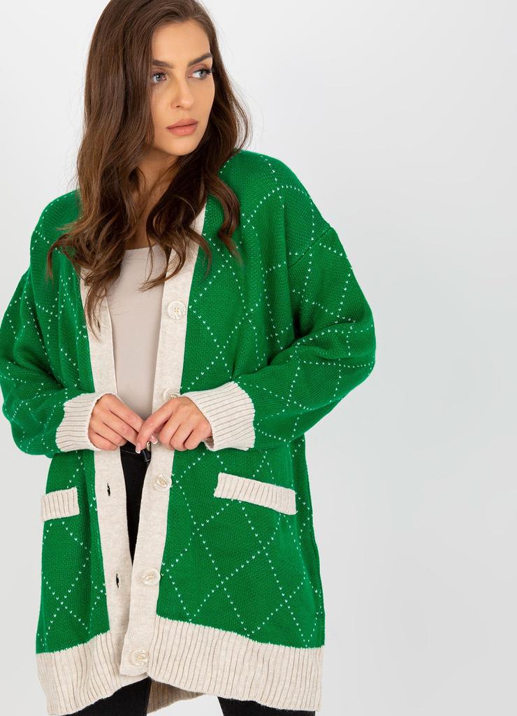 Zielony luźny sweter rozpinany ze wzorem RUE PARIS