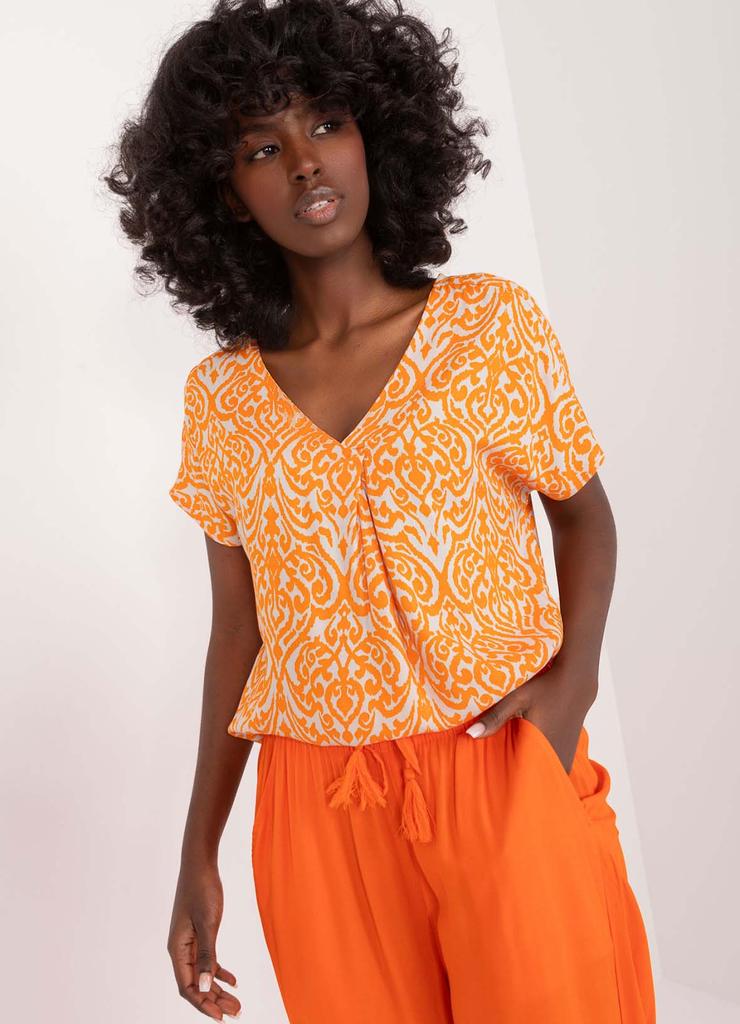 Letnia bluzka pomarańczowa z printem Sublevel z wiskozy