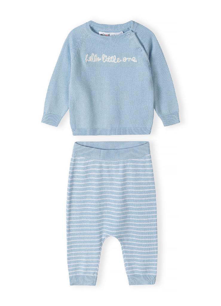 Niebieski komplet niemowlęcy z bawełny- bluzka i legginsy- Hello little one